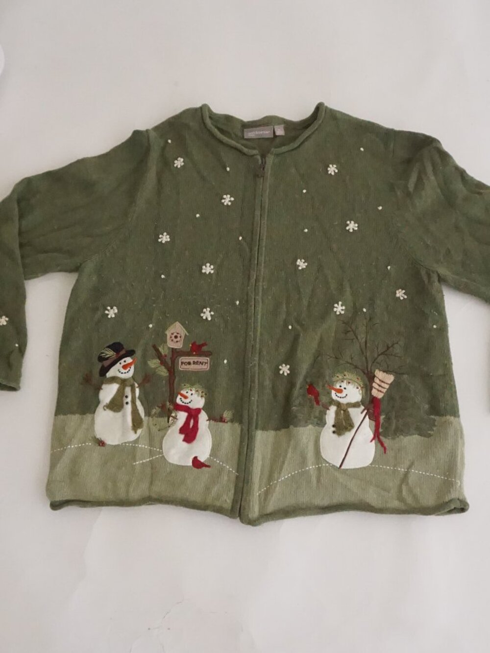 Vintage Croft & Barrow Green Snowman Snowflakes Cardinals Christmas Cardigan 1X